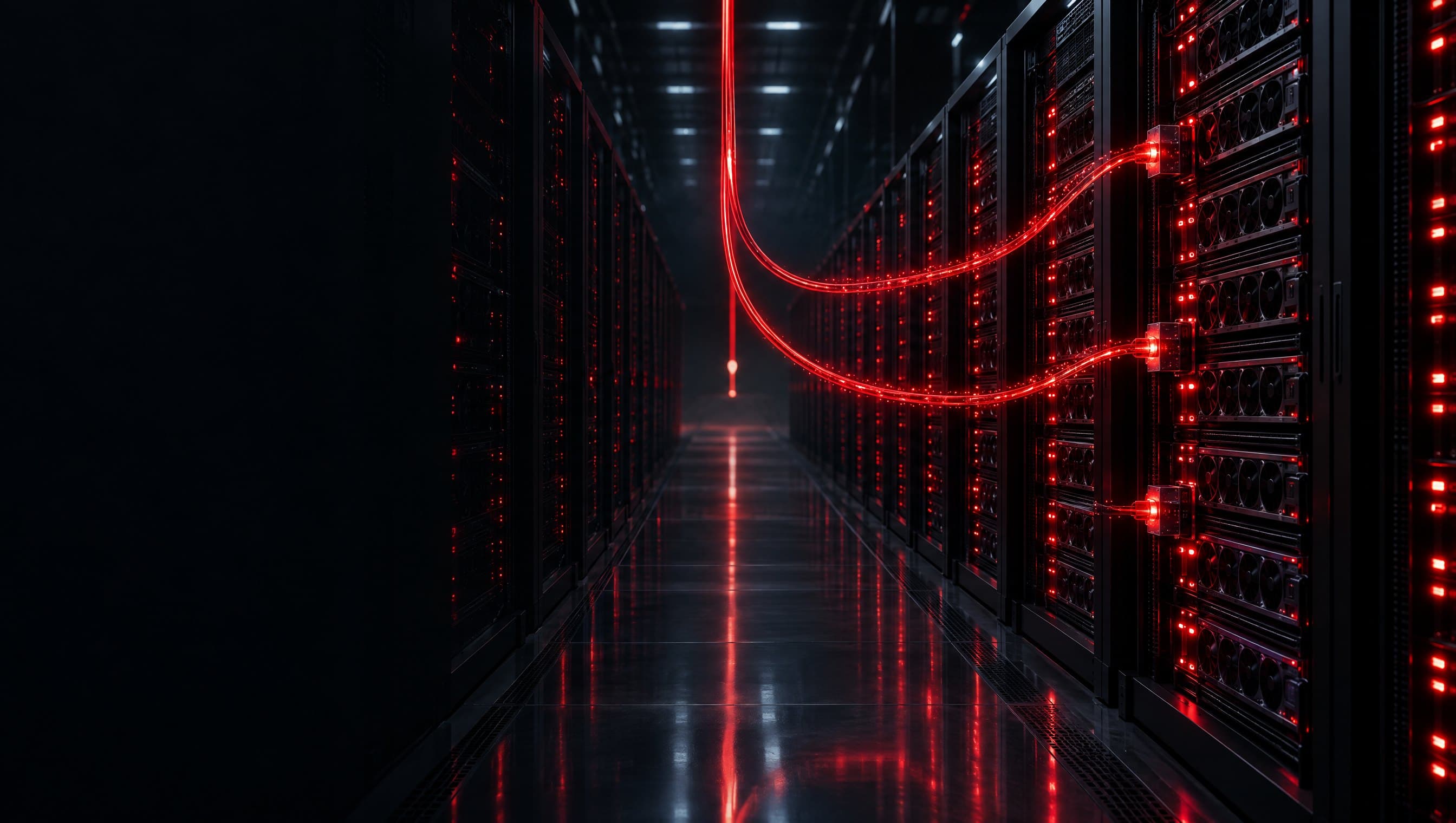 En GPU-hall där serverracken lyser rött när agenterna arbetar.