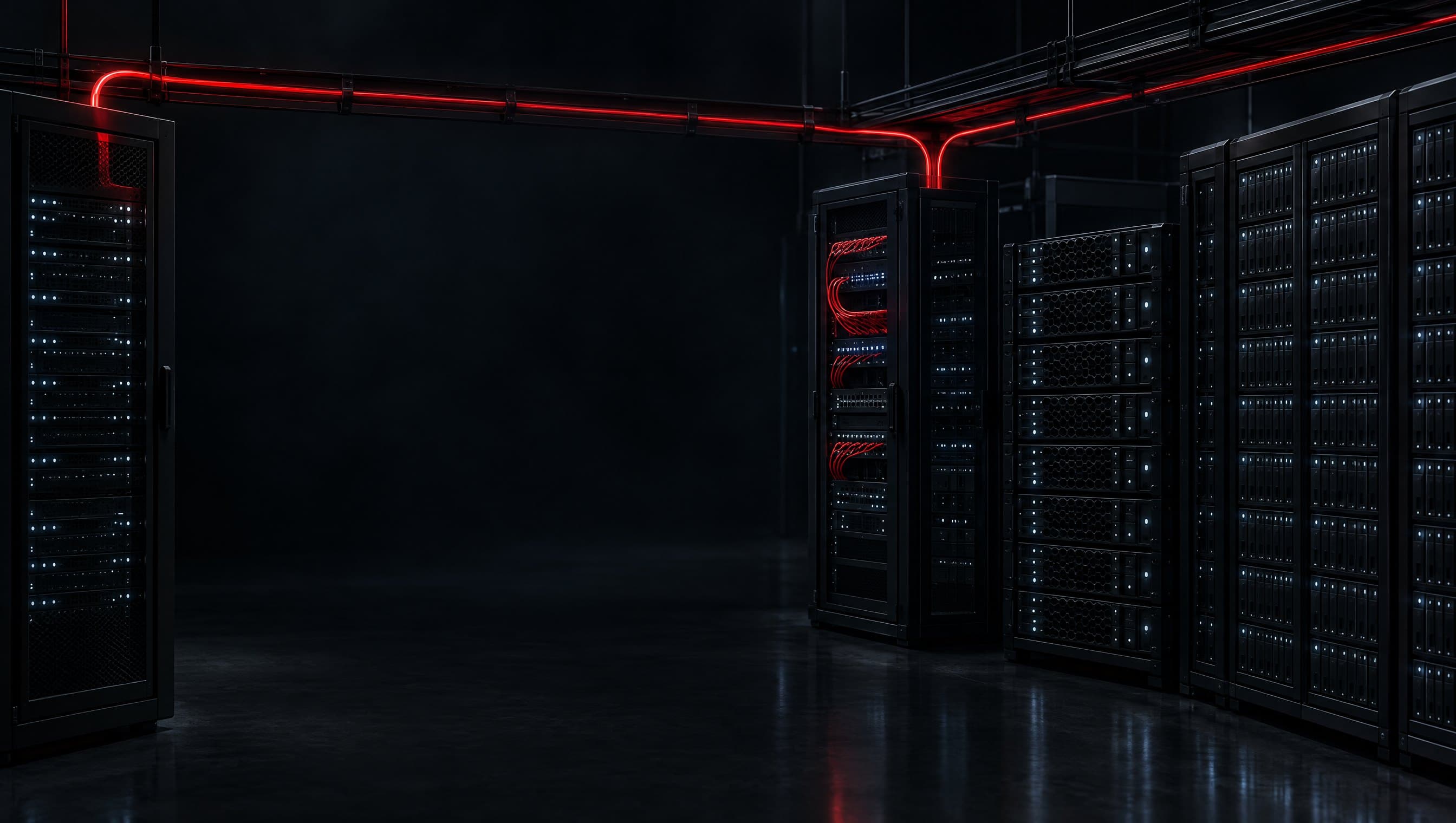 Ett mörkt serverrum med mejlserver, API, databas och lagring, där en röd tråd löper längs kabelstegarna.