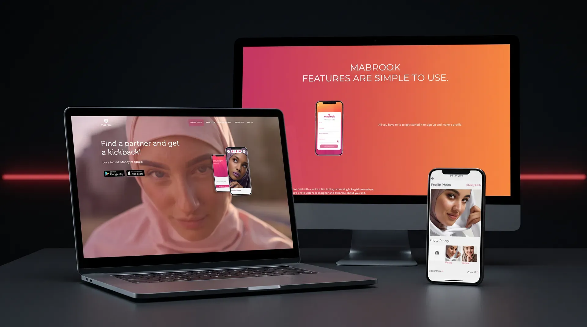 Mabrooks app och webbplats visade i mobil och bärbar dator
