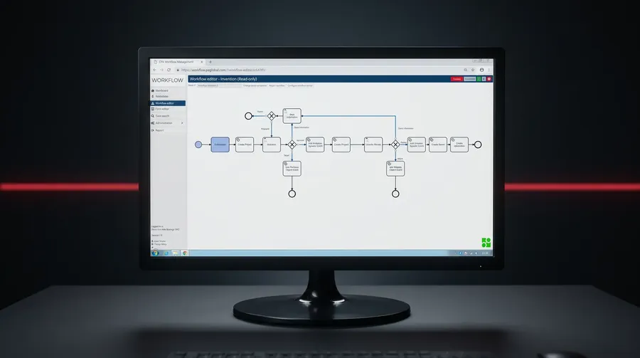 Skärmbild av ett BPMN-flöde i Workflow bredvid CPA Globals logotyp