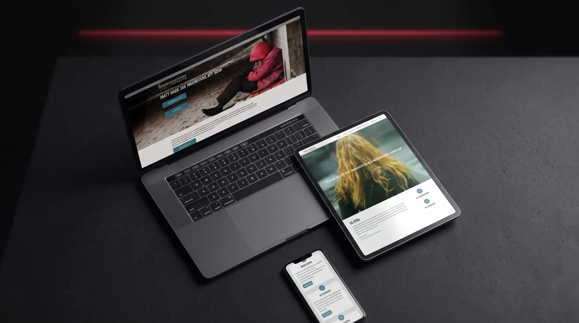 Norrköpings Stadsmissions nya webbplats på en laptop, en surfplatta och en mobil