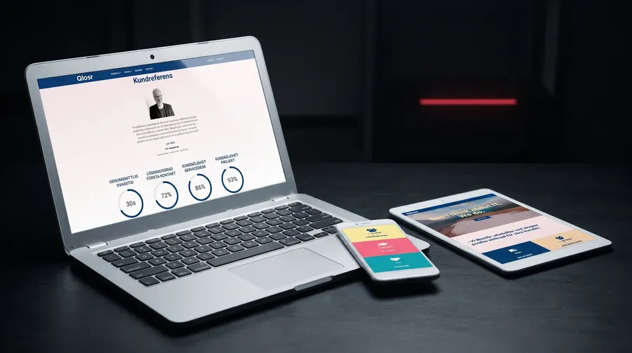 Qlosrs nya webbplats på en laptop, en surfplatta och en mobil